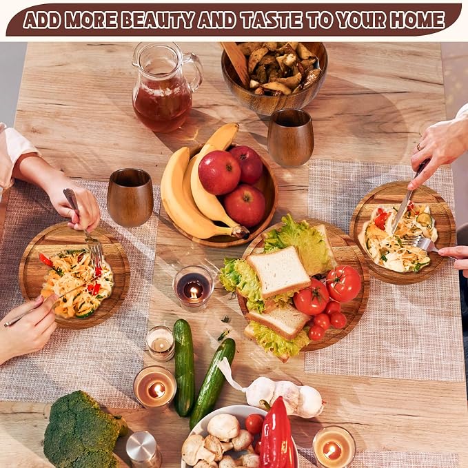 16 Pcs Acacia Wood Dinnerware Set, Round Wooden Plates, Solid Wooden Bowls and