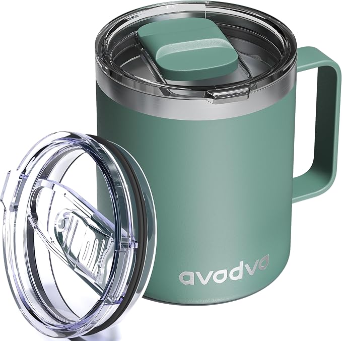 12oz Insulated Coffee Mug with Lid – Includes Two Lids, Stainless Steel Coffee
