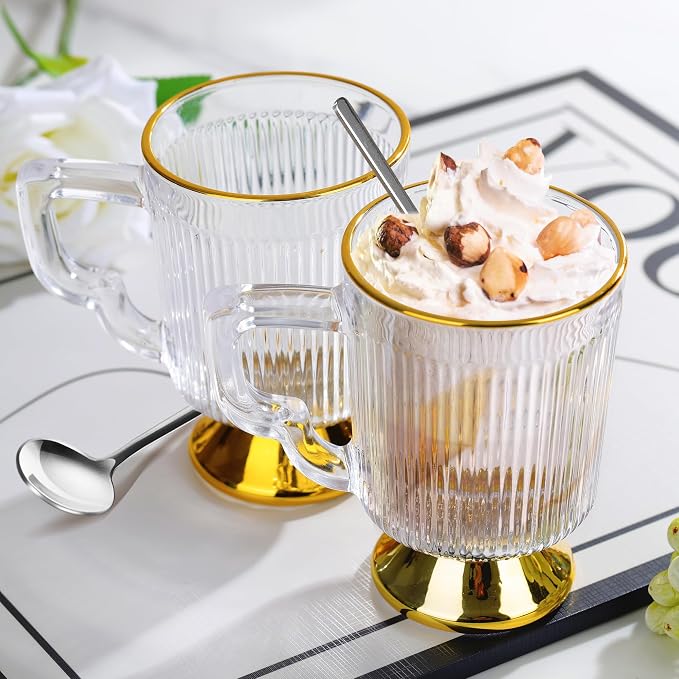 Joeyan Glass Coffee Mugs with Handle, Vintage Ribbed Clear Coffee Cups