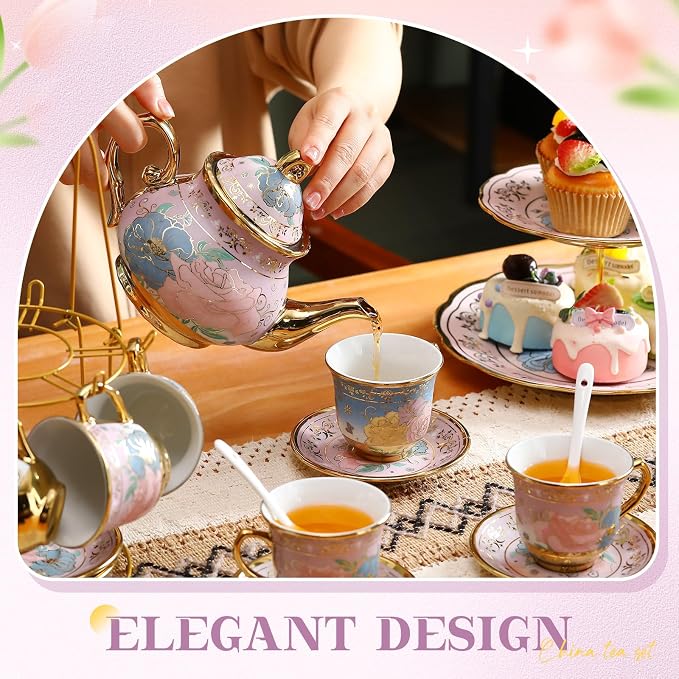 21 Pcs Ceramic Teapot Set Vintage Porcelain Tea Cups