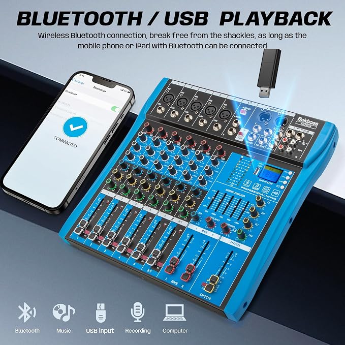 Professional Audio Mixer, 6 Channel, Input 48V Phantom Power Stereo Digital USB