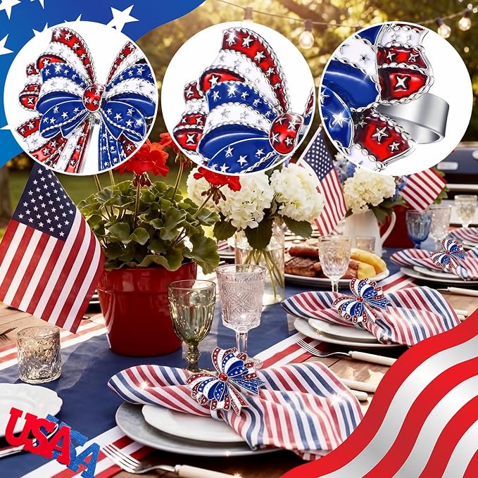 Geiserailie 6 Pieces Patriotic Napkin Rings 4th of July Bow Napkin Ring Holder
