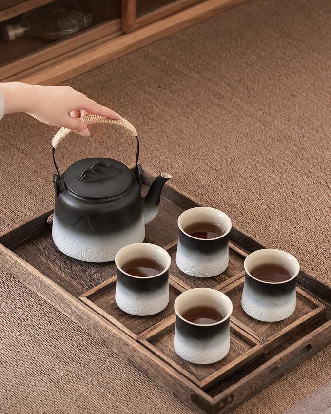 ZENS Japanese Tea Set with 4 Cups, 33.8oz Ceramic Infuser Pot
