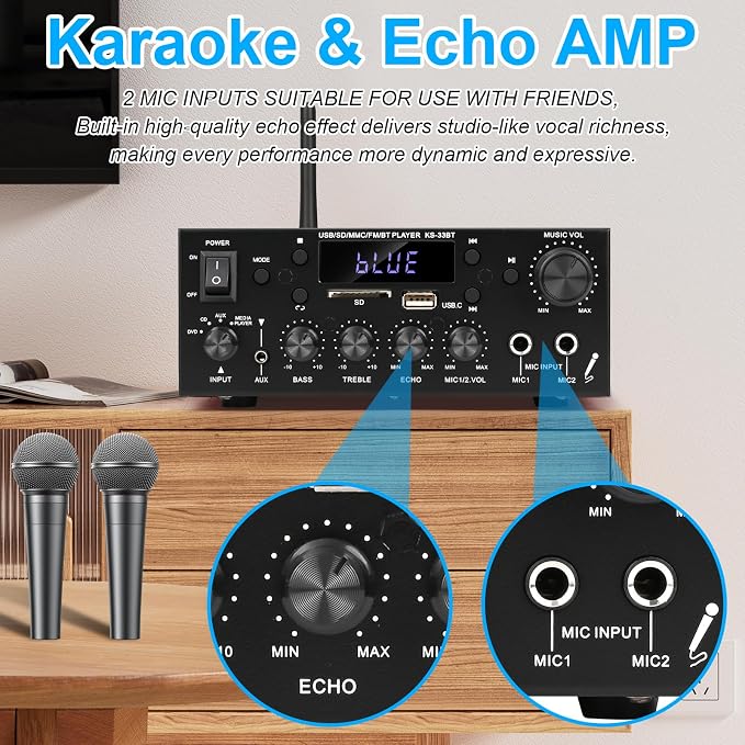 Romica Stereo Audio Amplifier, 2 Channel 500W Bluetooth 5.0 Home Theater Power