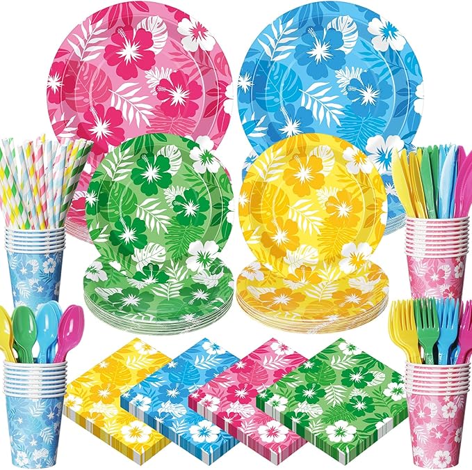 450 Pcs Hawaiian Luau Tableware Set Decorations, Serves 50 | Aloha Tropical