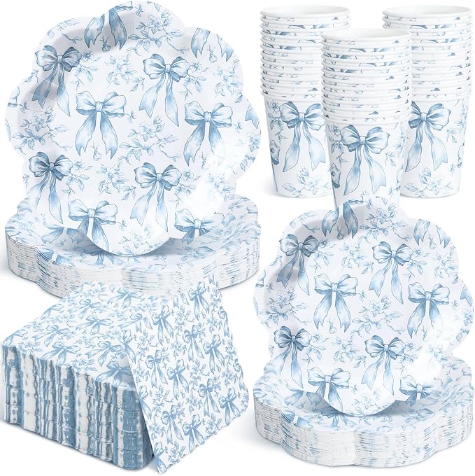 250 Pcs Blue Floral Disposable Paper Plates and Napkins | Bow Coquette