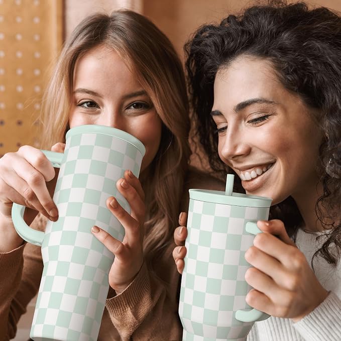 Checkered Tumbler with Handle 40oz, Mint Checker Cup Stainless Steel Insulated