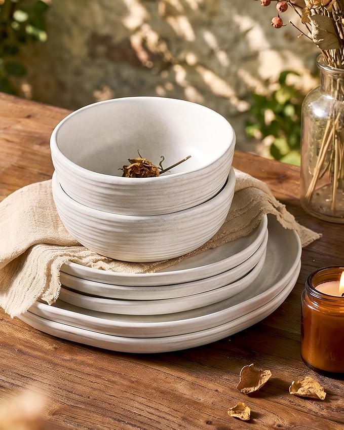 Famiware Pluto 12-Piece Stoneware Dinnerware Set, Matte Beige White | Double