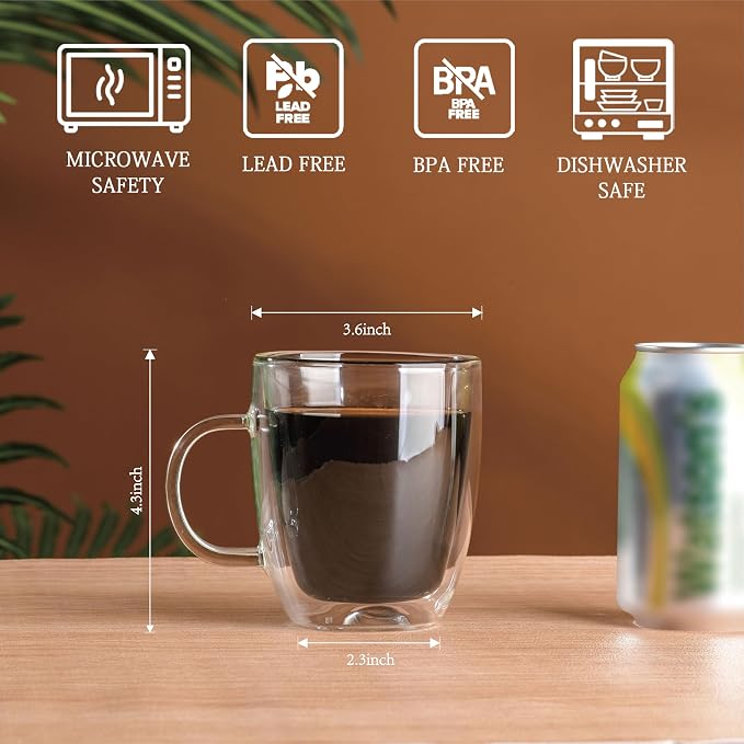 Wlasss Double Wall Insulated Glass Coffee Mugs set of 4-13 oz Clear Hand Blown