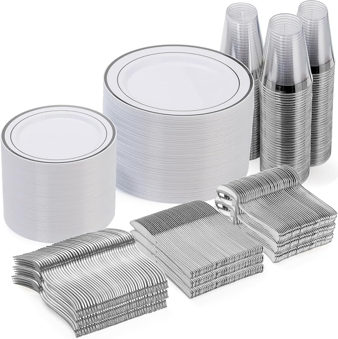 600 Plastic Piece Disposable Silver Plates