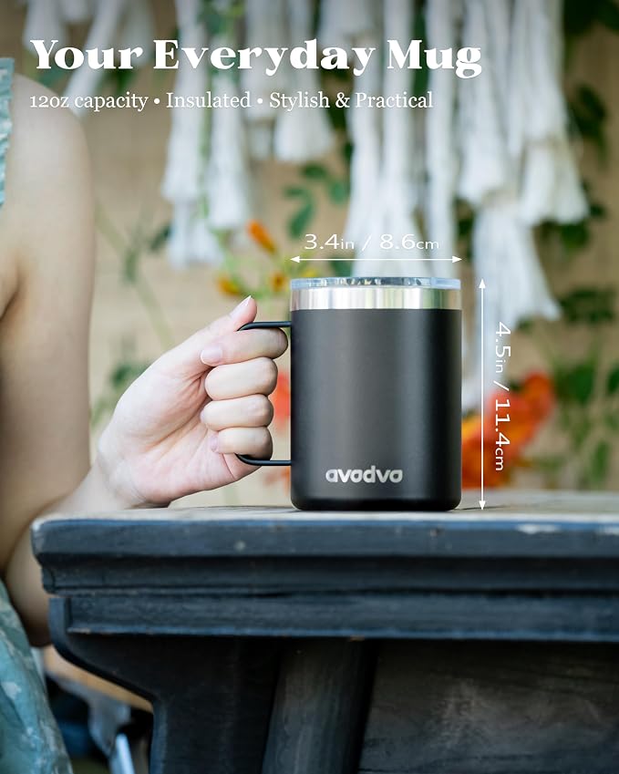 12oz Insulated Coffee Mug with Lid – Includes Two Lids, Stainless Steel Coffee
