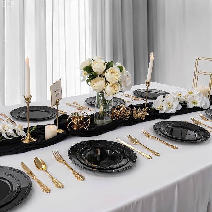 DaYammi 60PCS Black Plastic Plates, Heavy Duty Black Disposable Plates Premium