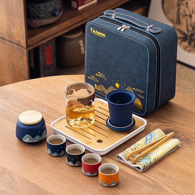 Portable Gongfu Tea Set with Travel Case, Ceramic Tea Set with Glass Teapot
