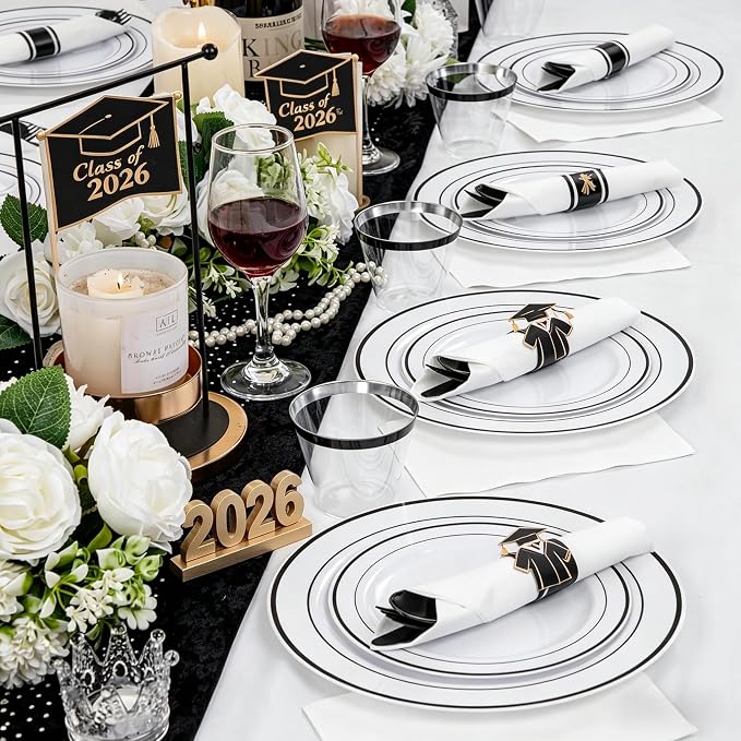 WELLIFE 210Pcs Black Plastic Dinnerware