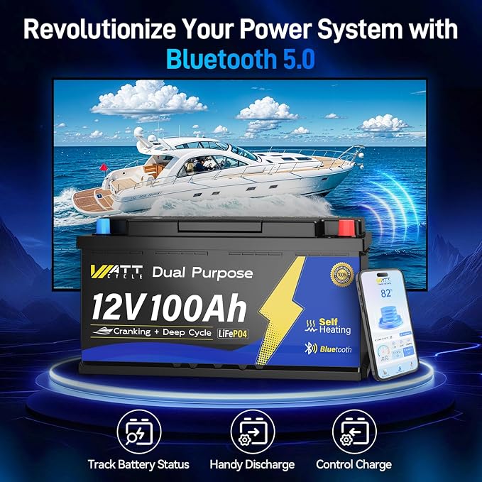 12V 100Ah Marine Starting LiFePO4 Battery Bluetooth, Lithium Battery