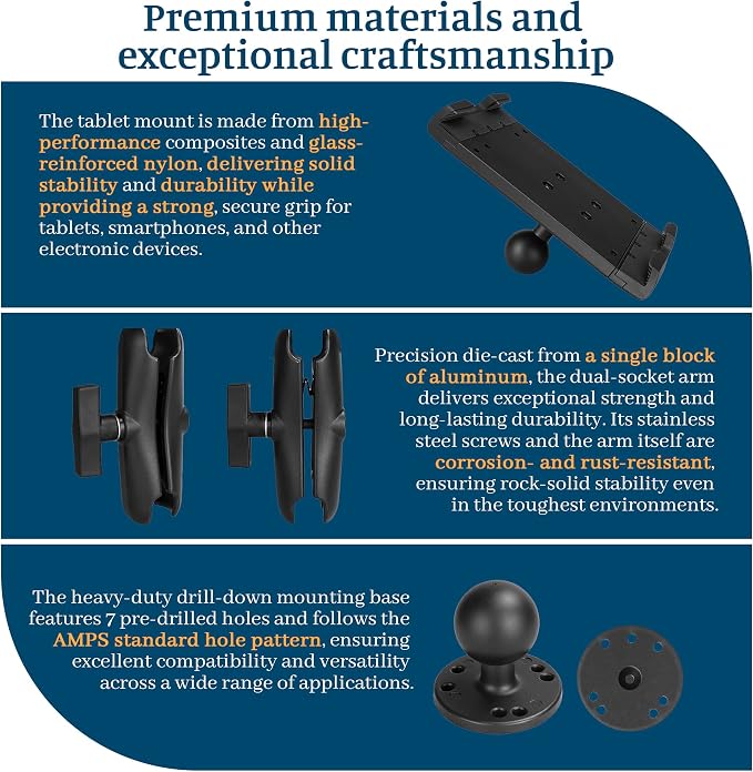 Heavy Duty Tablet Mount for Truck, Aluminum Drill Base Tablet Holder, Compatible