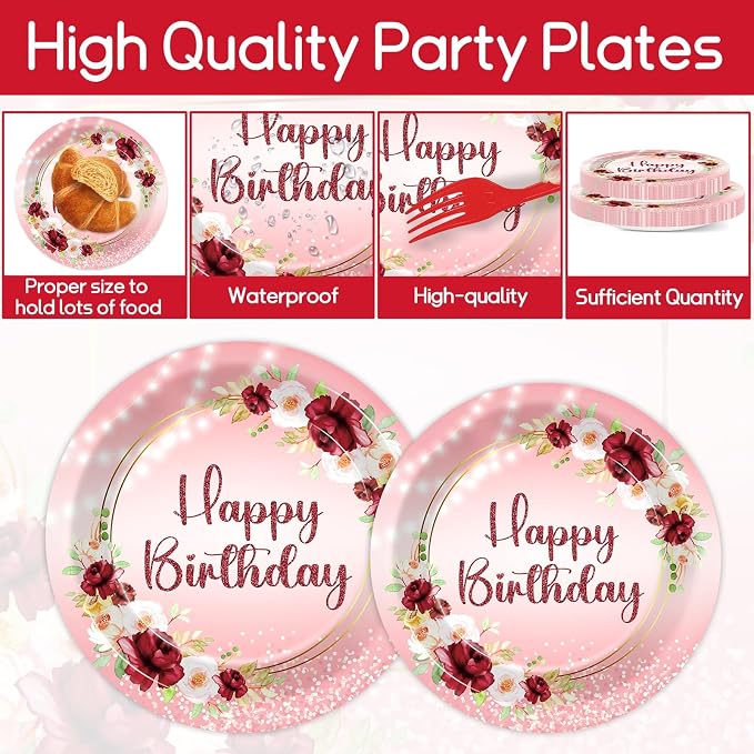 96Pcs Burgundy Birthday Party Supplies Burgundy Floral Paper Plates Napkins