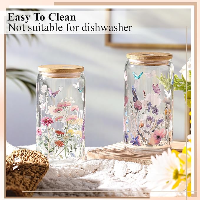 Mumufy 2 Pack Wildflower Glass Cups Gift Aesthetic Cute Glass Cup Tumbler