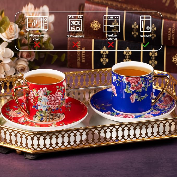 KAMMAK Tea Cup and Saucer, Ceramic Coffee Cups, 7.4 oz, Afternoon Tea and