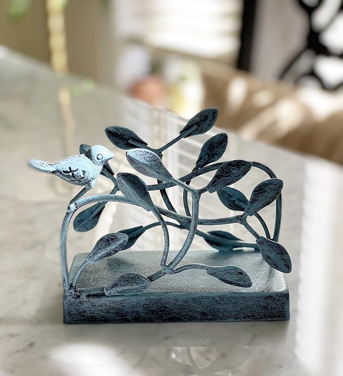 Antique Blue Bird Vertical Napkin Holder | Sturdy Paper Hand Towel Storage Tray
