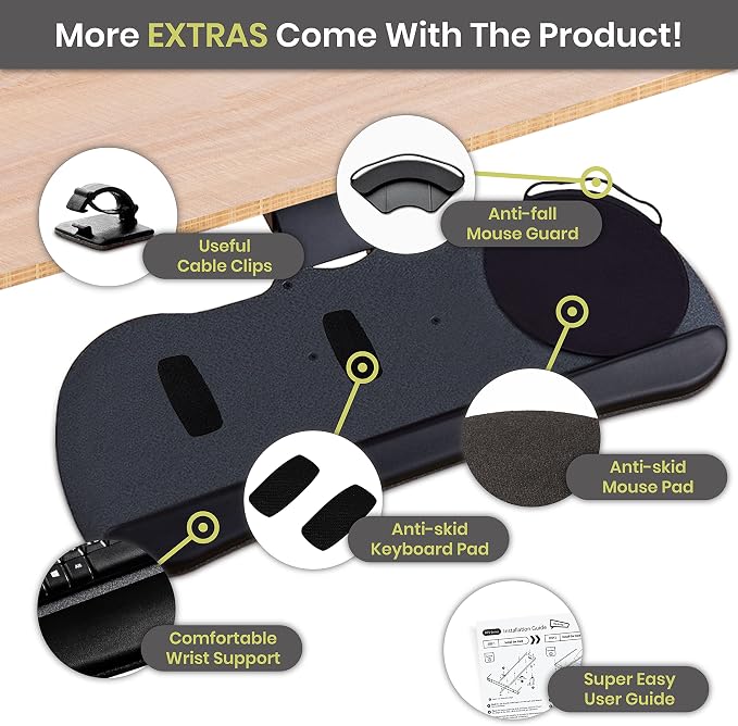 Under Desk Keyboard Tray, 17.75" Track, One Knob Control, Undermount Sliding