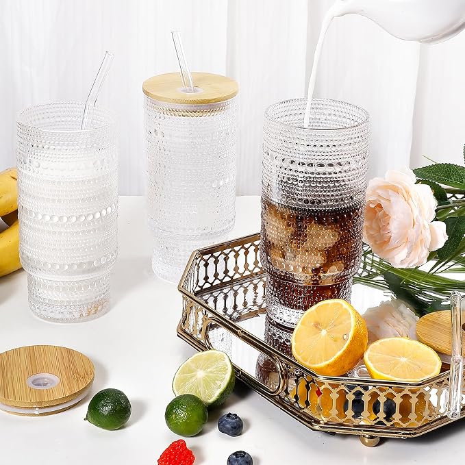 16 Oz Glass Cup with Lid and Straw, Vintage Embossed Glassware