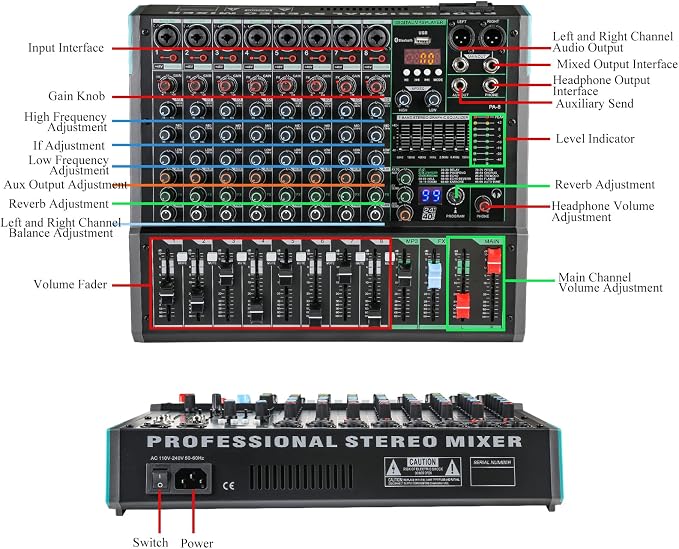 8 Channel Dj Mixer, Dj Board for Pa Stage systems