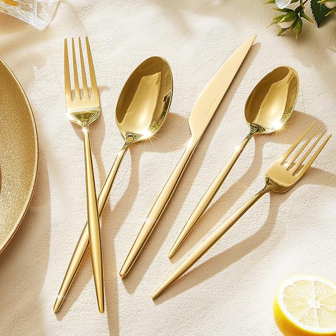 18/10 Silverware Set for 12, 60 Piece Gold Stainless Steel Flatware Cutlery |