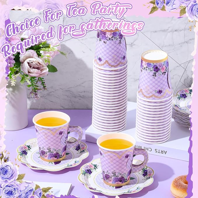 Tioncy 100 Pcs Tea Party Decorations Include 50 Pieces 9 oz Paper Tea Cups