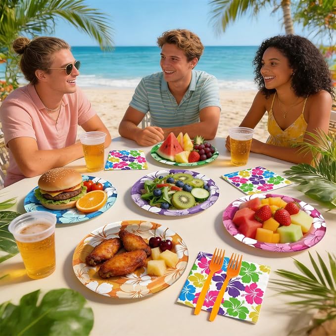 Hawaiian Luau Party Decorations, Tropical Hibiscus Tableware Set
