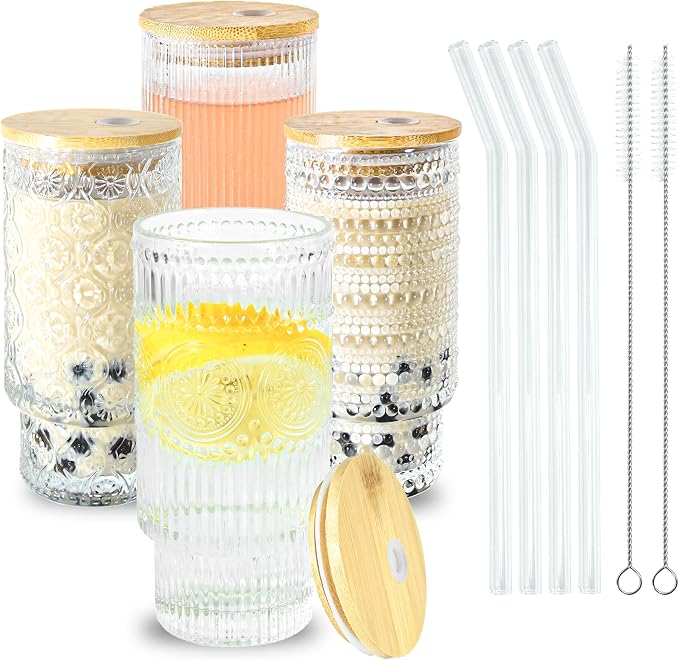 Glass Cups with Lids and Straws 16 oz Vintage Drinking Glasses Set | Embossed