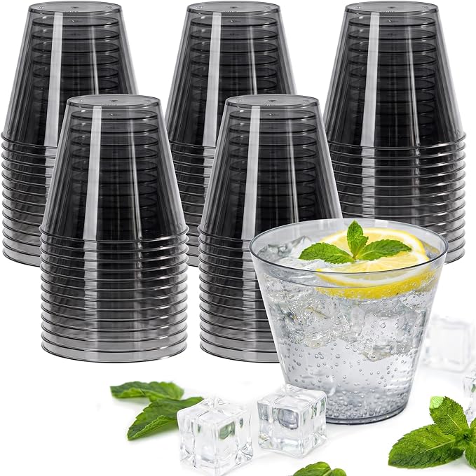 50 Pack 9oz Transparent Black Plastic Cups, Fancy Disposable Cocktail Cup |