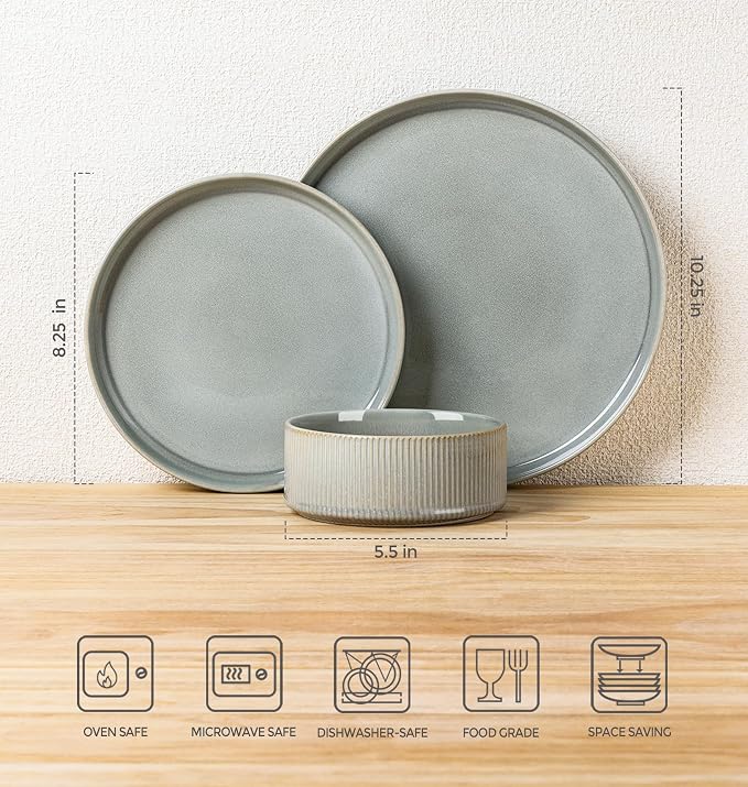 Ceramic Dinnerware Set for 4, 12-Piece Plates and Bowls Set | Lightweight