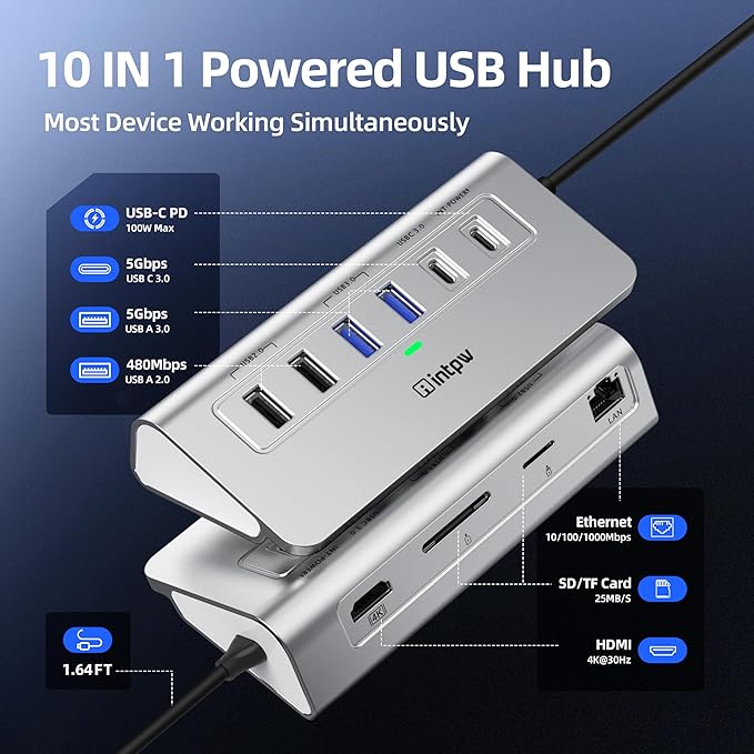 USB C Hub, 10-in-1 USB Docking Station, Aluminum USB to Ethernet Adapter