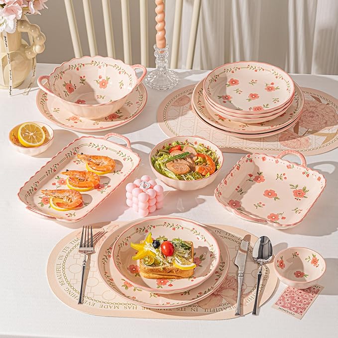 Ceramic Dinnerware Set, Floral Plates and Bowls Sets, Microwave & Dishwasher