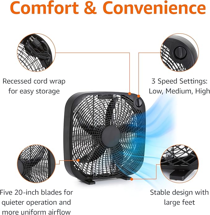 Amazon Basics 3 Speed Box Fan, Indoor Electric Fan