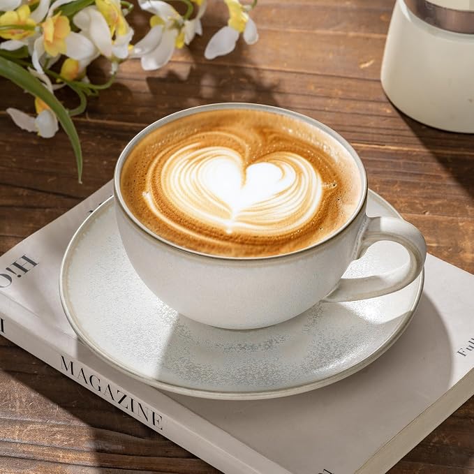 Porcelain Coffee Cup with Saucer, 10 oz Vintage Design Ceramic Latte Art