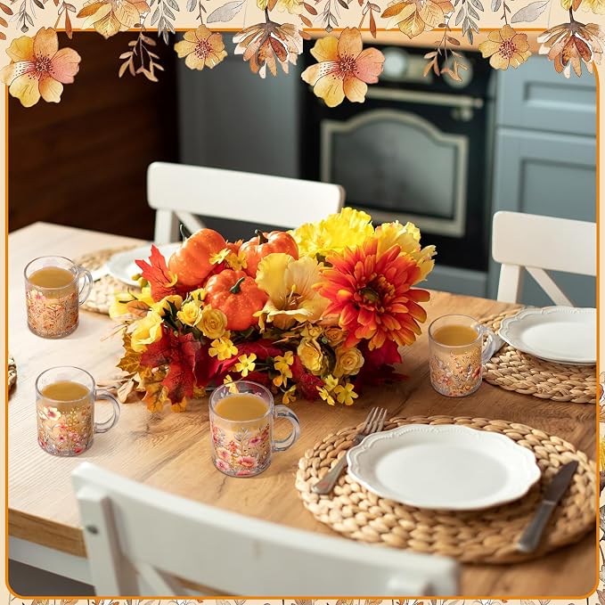 Tioncy 4 Pcs Fall Floral Coffee Mugs 12 oz Flower Glass Cups