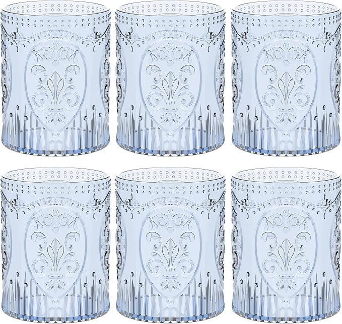 Qinyoung 6 Plastic Vintage Drinking Glasses 8.5oz Stemless Retro Embossed Wine