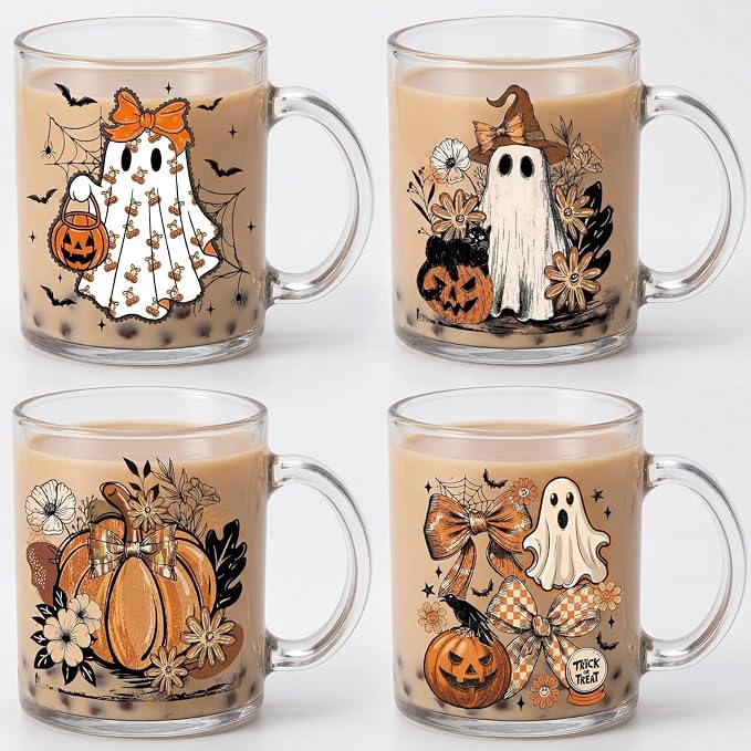 Tioncy 4 Pcs Halloween Ghost Coffee Mugs 12 oz Pumpkin Glass Cups
