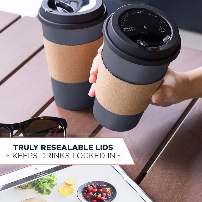 Disposable Coffee Cups With Lids - 16 oz To Go Coffee Cups With Sleeves and