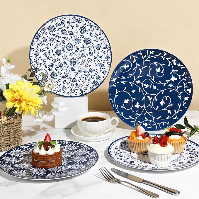 4 Set 10 Inch Blue White Porcelain Dinner Plates Melamine Blue White Floral