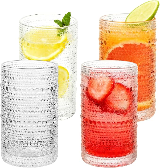 Vintage Hobnail Drinking Glasses Set of 4, 12 Oz Glass Cups