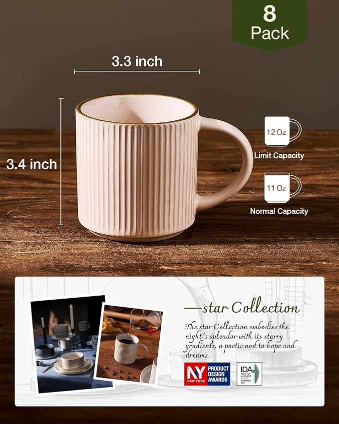 famiware Star Coffee Mug Set for 8, Handcrafted 12 oz Ceramic Stoneware Mugs