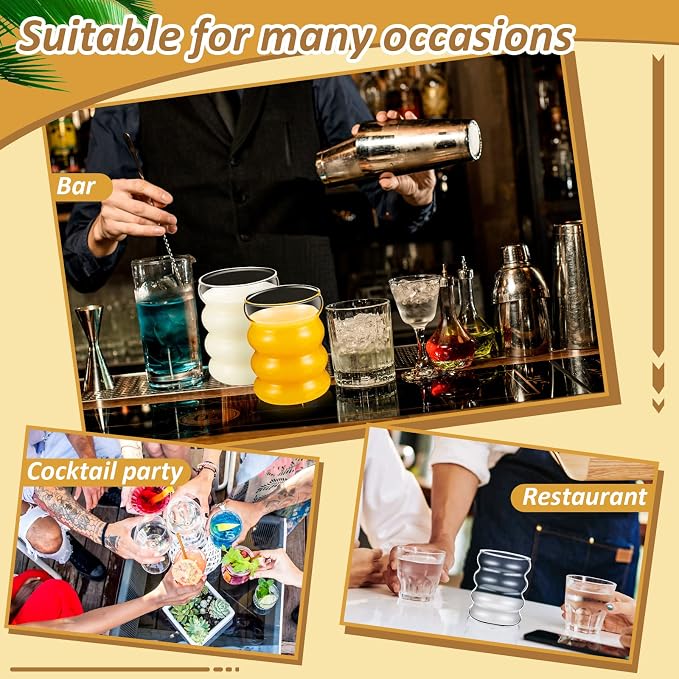 Cunhill 2 Pcs Wave Glass Cup 10 oz Ribbed Bubble Drinking Glassware Creative