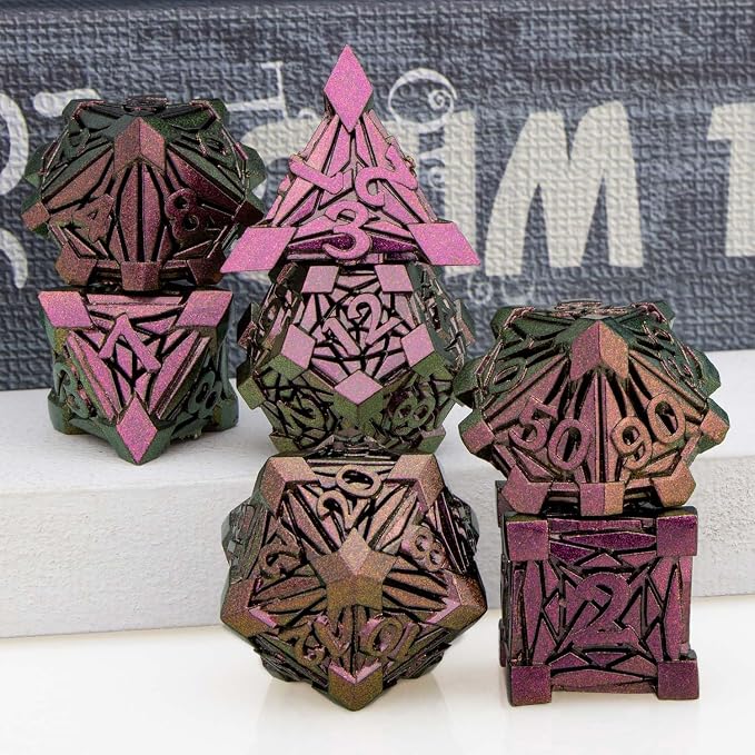 7PCS Metal DND Dice Set with Box, Debris RPG Purple Red D and D Dice