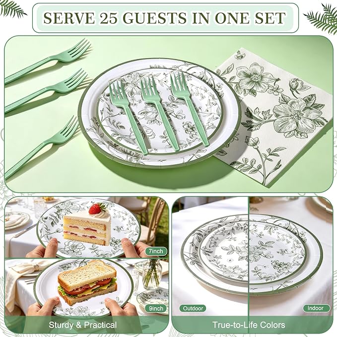 100 Pcs Disposable Sage Green Flower Tableware Set