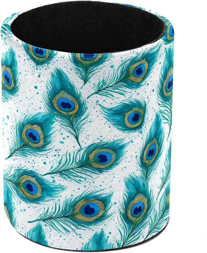 Leather Pen Holder for Desk, Peacock Feather Pencil Cup Pen Organizer Makeup