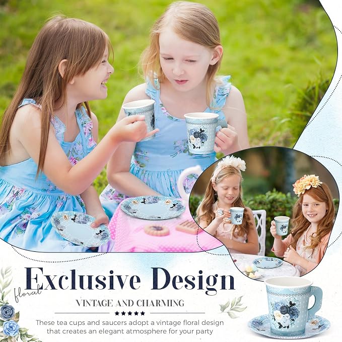 Nuogo 200 Pcs Floral Paper Tea Cups and Saucers 7 oz Disposable Paper Teacups
