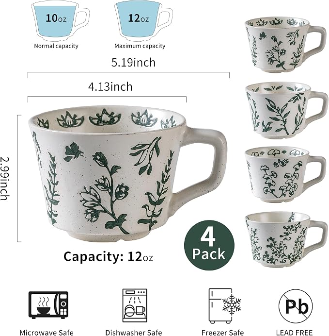 Ceramic Mugs 11 oz Set of 4, Unique Luxurious Stoneware Cups